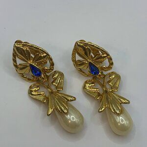 Gold Tone Clip Earrings With Blue Stone and Pearl Accents